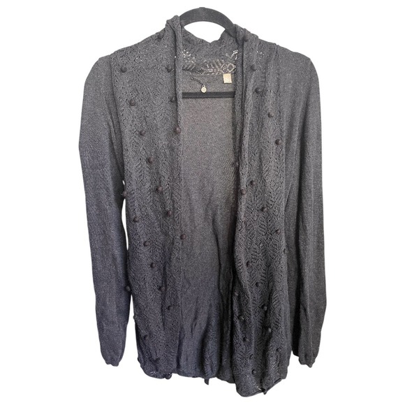 Anthropologie Knitted & Knotted Boho Gray Pom Cardigan Sweater M - Picture 4 of 8